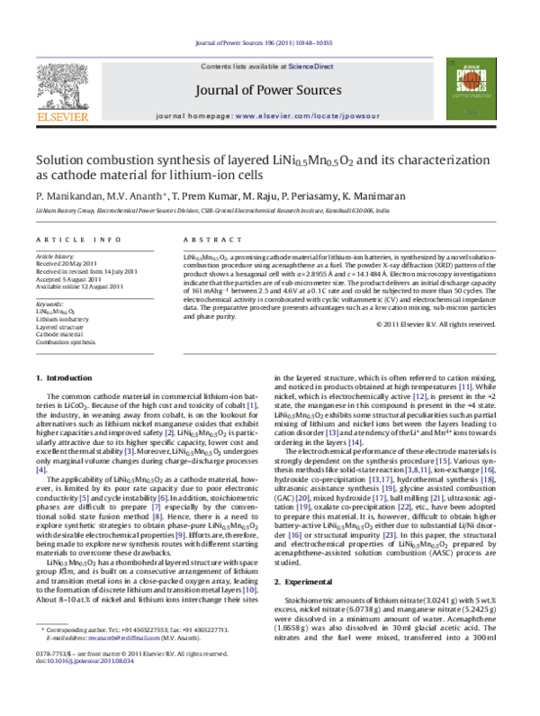 (PDF) Solution combustion synthesis of layered LiNi 0.5Mn 0.5O 2 and ...