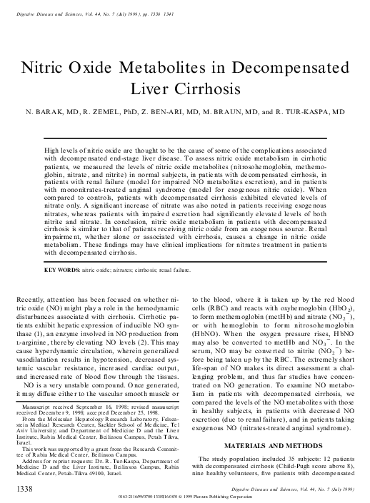(PDF) Nitric Oxide Metabolites in Liver Cirrhosis Nir Barak Academia.edu