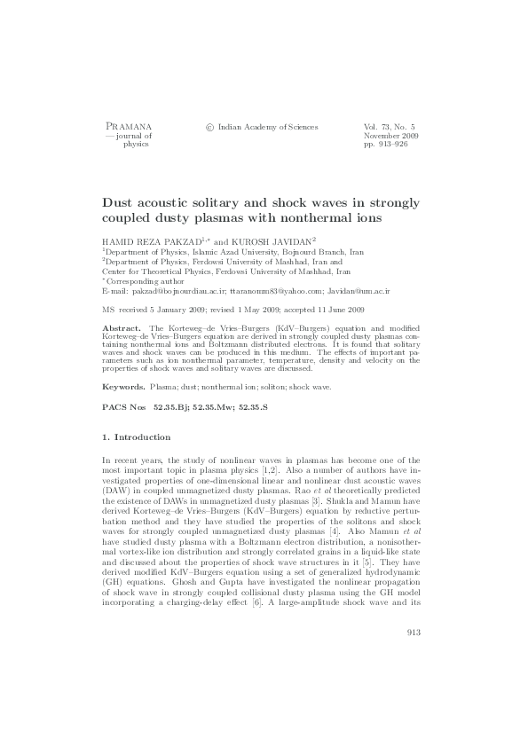 (PDF) Dust acoustic solitary and shock waves in strongly coupled dusty ...