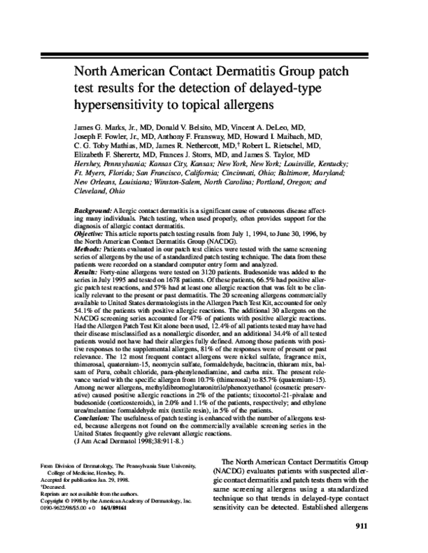 (PDF) North American Contact Dermatitis Group patch test results for ...