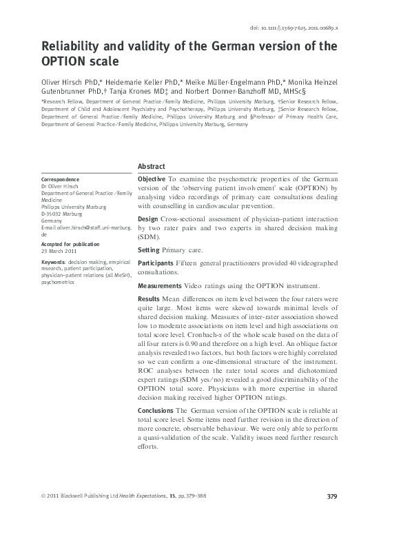 (PDF) Reliability and validity of the German version of the OPTION scale