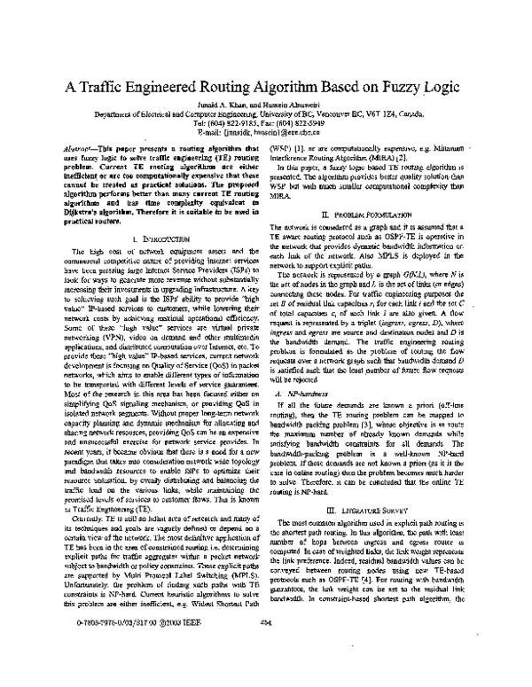 (PDF) A traffic engineered routing algorithm based on fuzzy logic