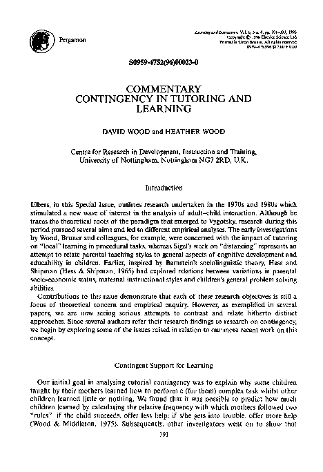 (PDF) Contingency in tutoring and learning