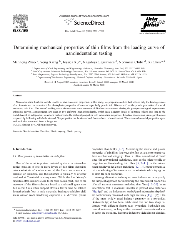 (PDF) Determining mechanical properties of thin films from the loading ...