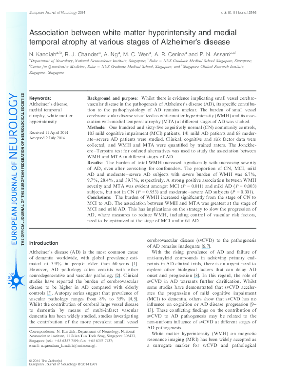(PDF) Association between white matter hyperintensity and medial ...