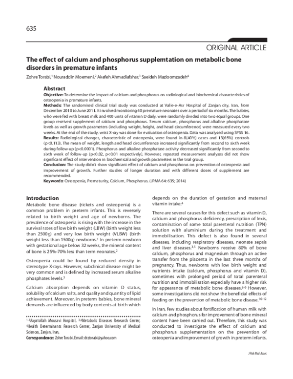 (PDF) The effect of calcium and phosphorus supplemtation on metabolic ...