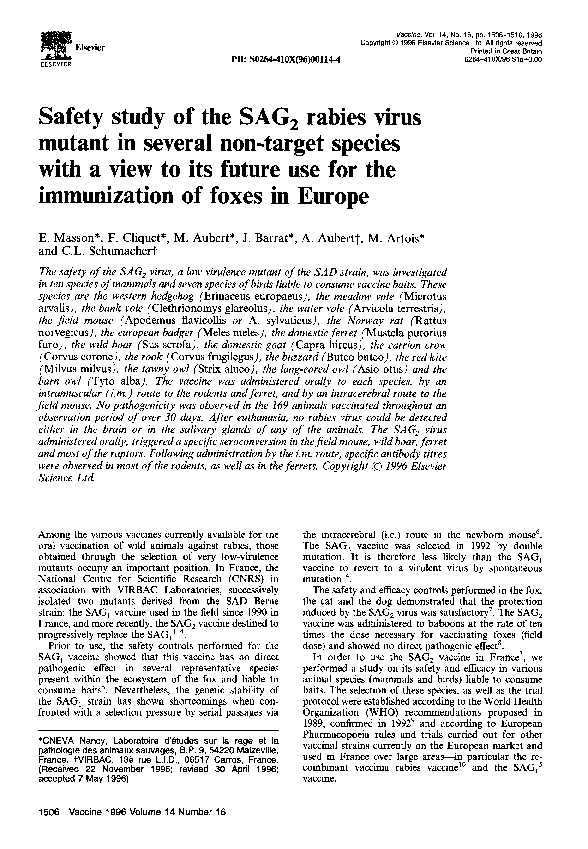 (PDF) Safety study of the SAG2 rabies virus mutant in several non ...