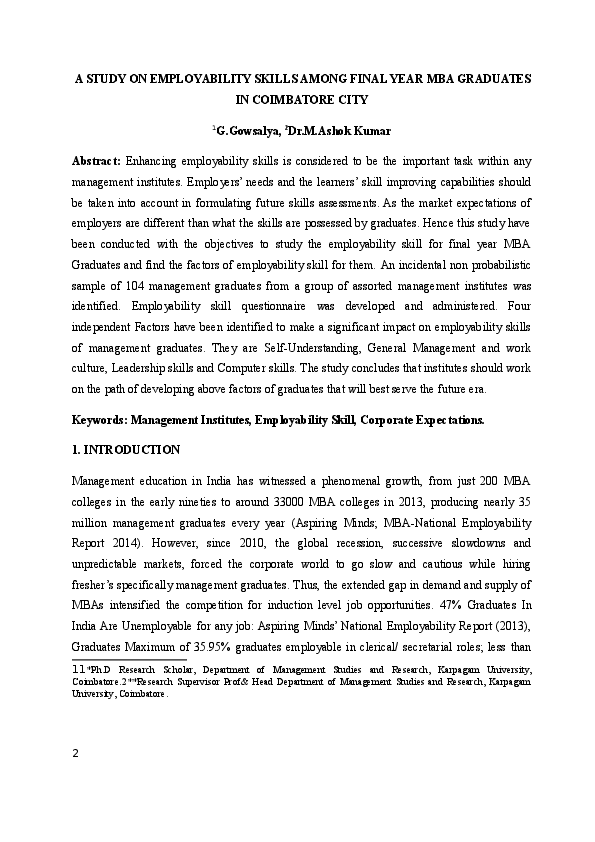(DOC) A STUDY ON EMPLOYABILITY SKILLS AMONG FINAL YEAR MBA GRADUATES IN ...
