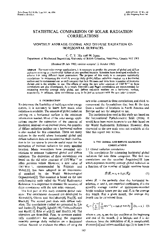 (PDF) Statistical comparison of solar radiation correlations Monthly ...