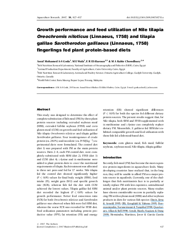 (PDF) Growth performance and feed utilization of Nile tilapia ...