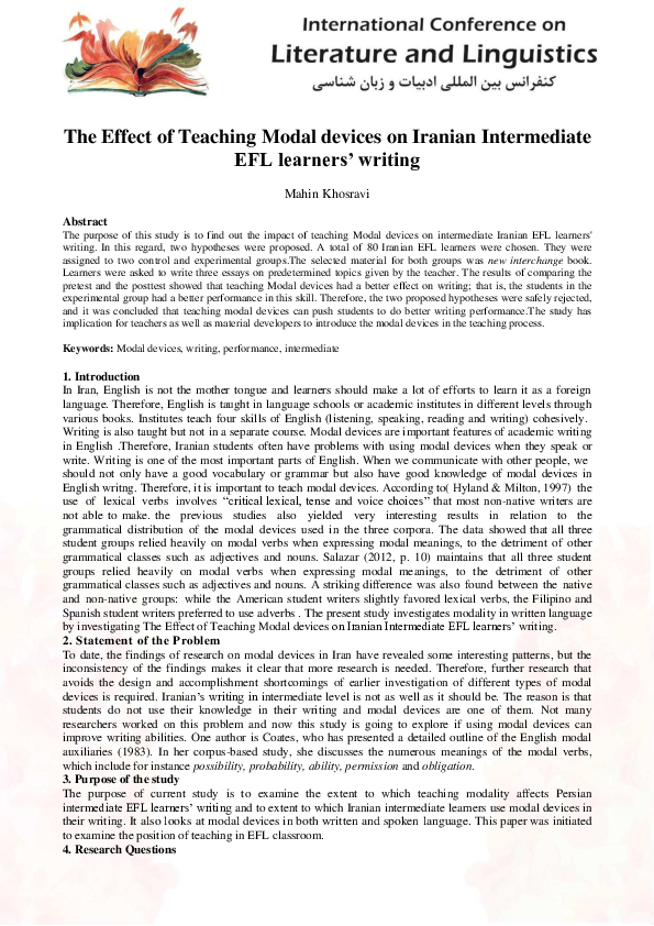 (PDF) The Effect of Teaching Modal devices on Iranian Intermediate EFL ...