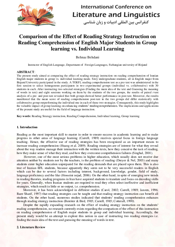 Pdf Comparison Of The Effect Of Reading Strategy Instruction On Pdf Comparison Of The Effect Of Reading Strategy Instruction On