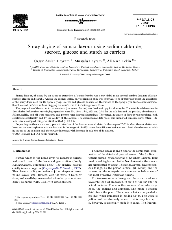 (PDF) Spray drying of sumac flavour using sodium chloride, sucrose, glucose and starch as