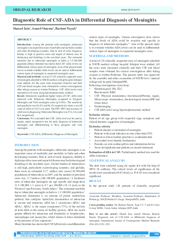(PDF) Diagnostic Role of CSF-ADA in Differential Diagnosis of Meningitis