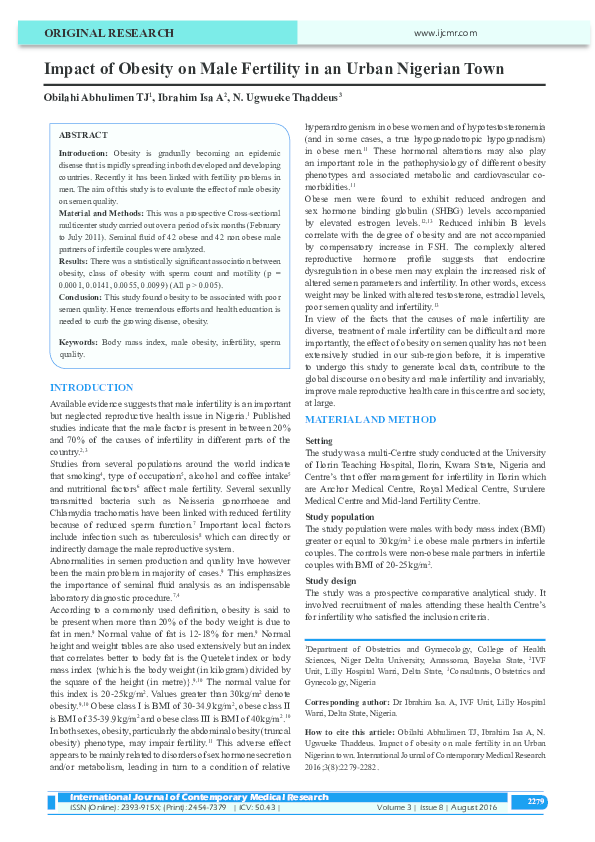 (PDF) Impact of Obesity on Male Fertility in an Urban Nigerian Town