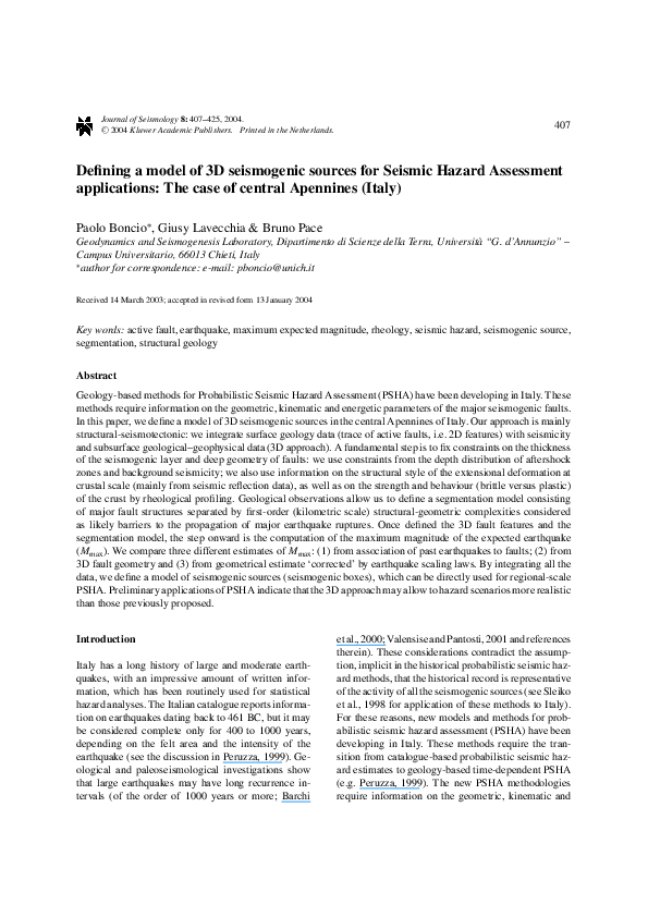 (PDF) Defining a model of 3D seismogenic sources for Seismic Hazard ...