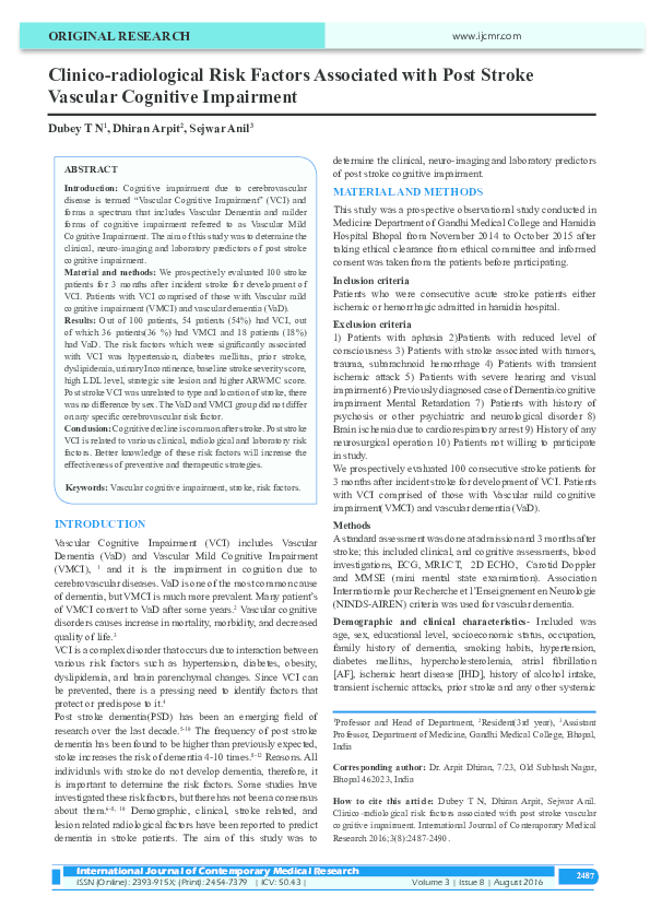 (PDF) Clinico-radiological Risk Factors Associated with Post Stroke ...