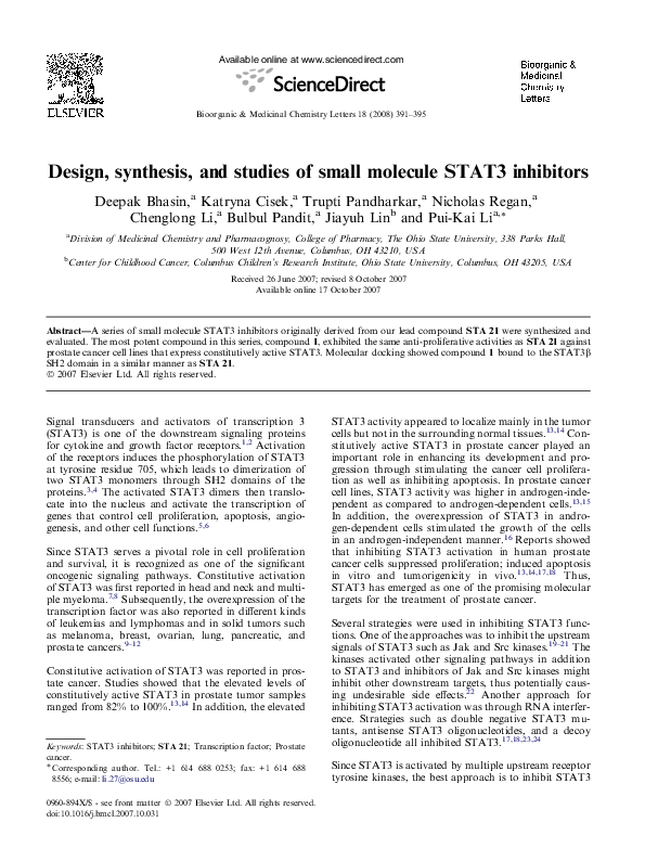 (PDF) Design, synthesis, and studies of small molecule STAT3 inhibitors