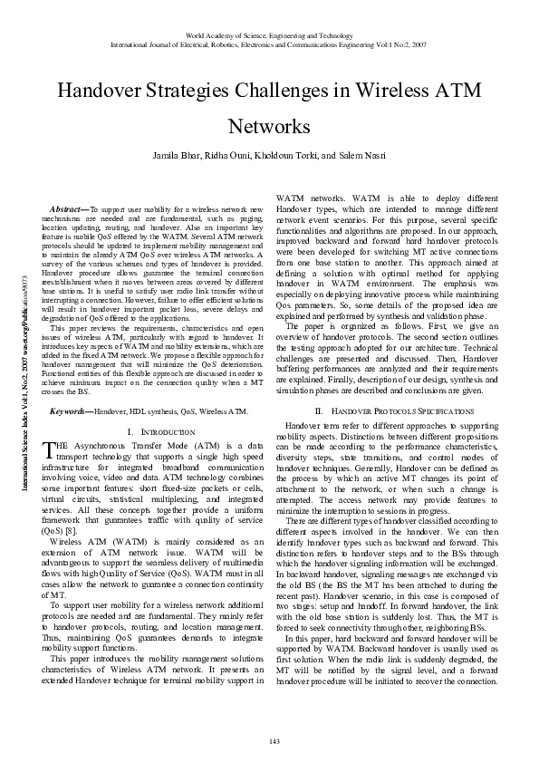 (PDF) Handover Strategies Challenges in Wireless ATM Networks