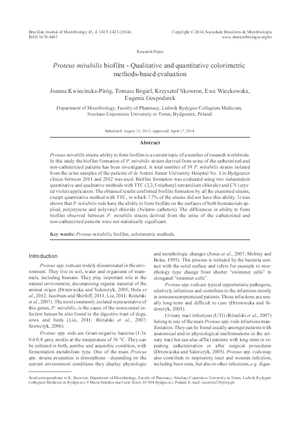(PDF) Proteus mirabilis biofilm - Qualitative and quantitative ...
