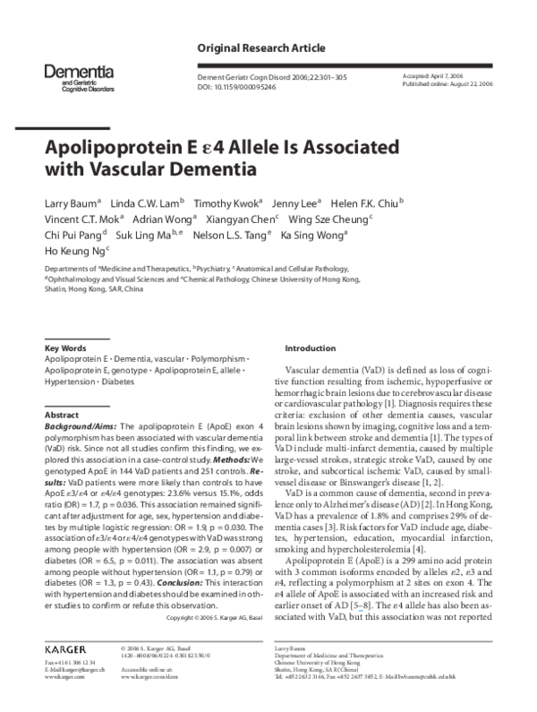 (PDF) Apolipoprotein E &4 Allele Is Associated with Vascular Dementia