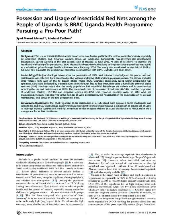 (PDF) Possession and Usage of Insecticidal Bed Nets among the People of ...