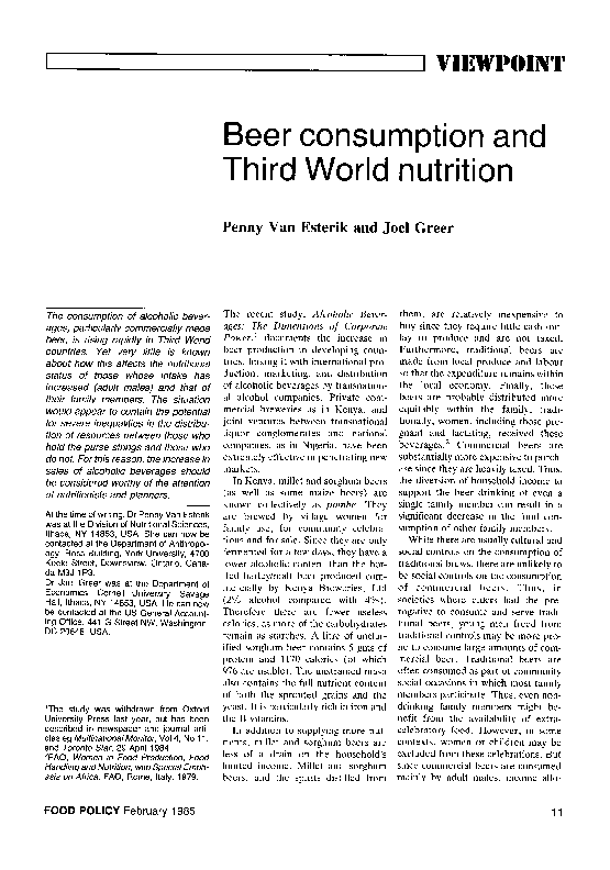 (PDF) Beer consumption and Third World nutrition Penny Van Esterik