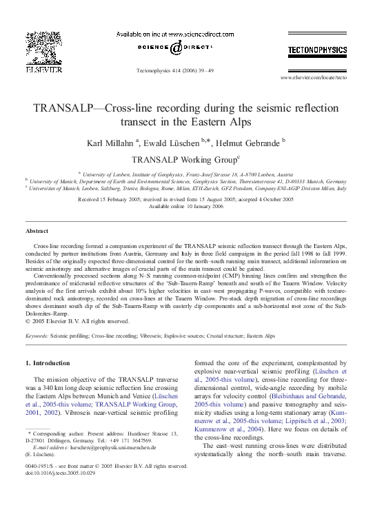 (PDF) TRANSALP—Cross-line recording during the seismic reflection ...