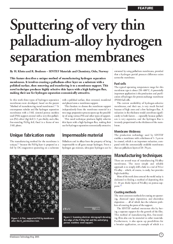 (PDF) Sputtering of very thin palladium-alloy hydrogen separation membranes