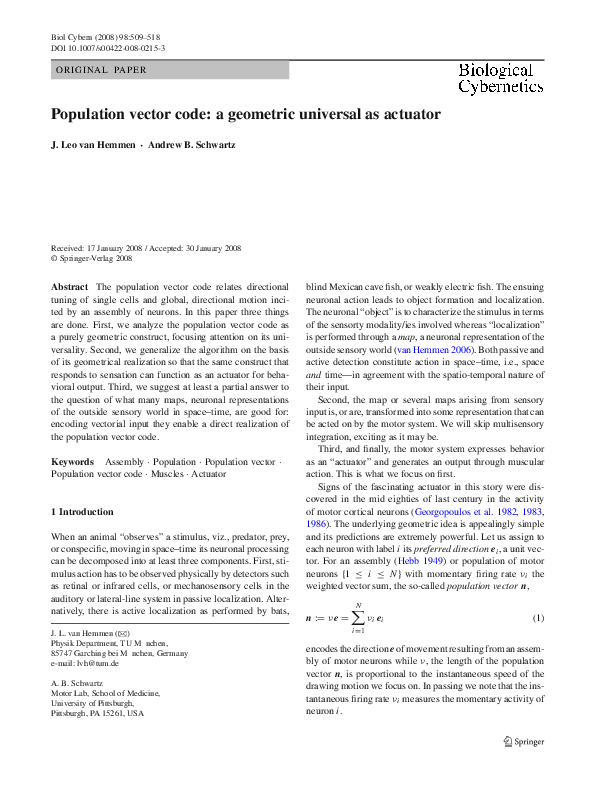(PDF) Population vector code: a geometric universal as actuator