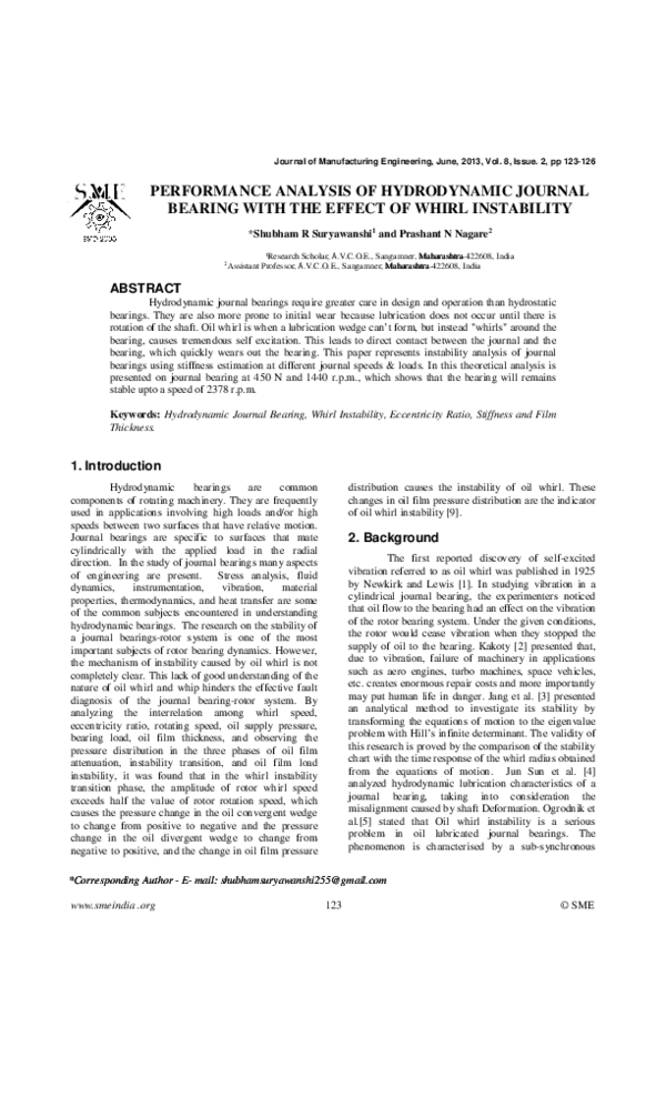 (PDF) PERFORMANCE ANALYSIS OF HYDRODYNAMIC JOURNAL BEARING WITH THE ...