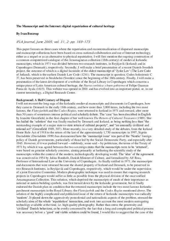 (PDF) 2005 - The Manuscript and the Internet: digital repatriation of ...