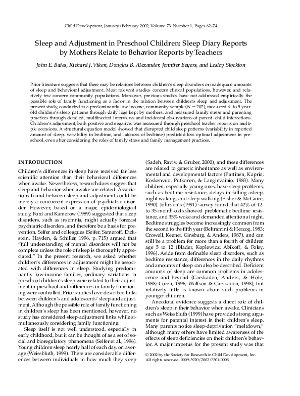 (PDF) Sleep and Adjustment in Preschool Children: Sleep Diary Reports ...