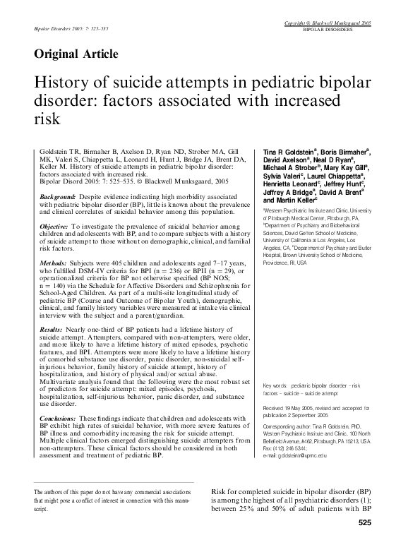 (PDF) History of suicide attempts in pediatric bipolar disorder ...
