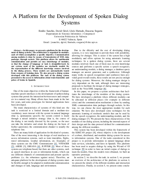 (PDF) A Platform for the Development of Spoken Dialog Systems