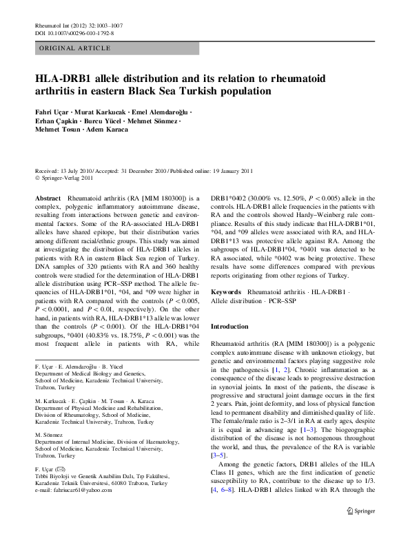 (PDF) HLA-DRB1 allele distribution and its relation to rheumatoid ...