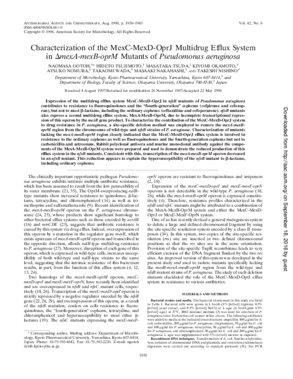 (PDF) Characterization of the MexC-MexD-OprJ Multidrug Efflux System in ...