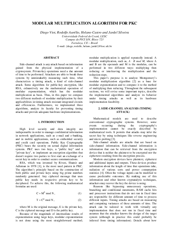 (PDF) MODULAR MULTIPLICATION ALGORITHM FOR PKC