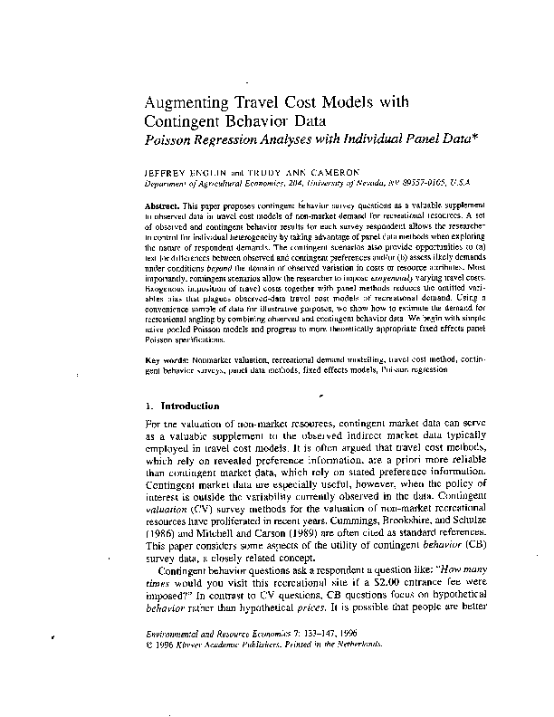 (PDF) Augmenting travel cost models with contingent behavior data
