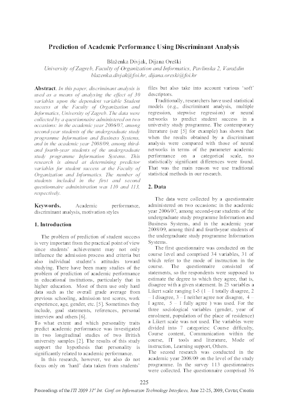 (PDF) Prediction of academic performance using discriminant analysis