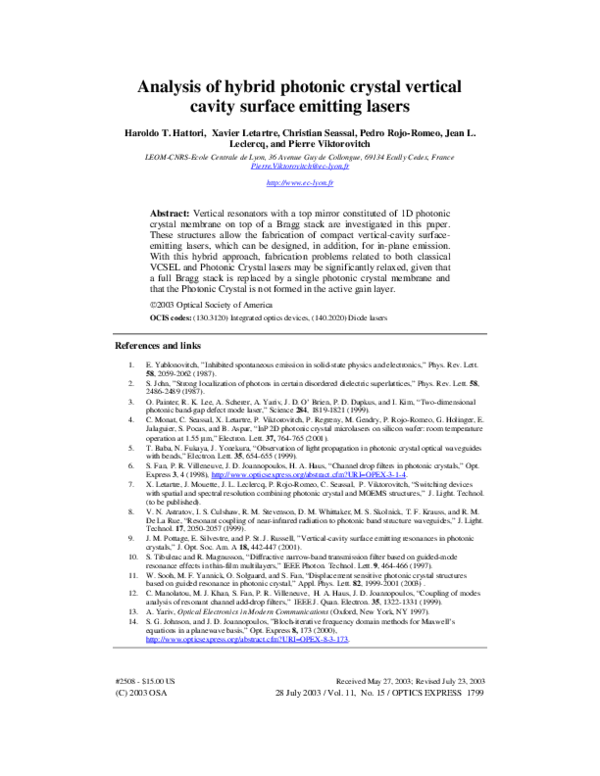 (PDF) Analysis of hybrid photonic crystal vertical cavity surface ...