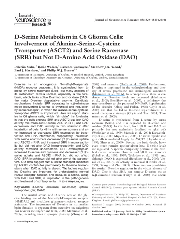 (PDF) D-Serine metabolism in C6 glioma cells: Involvement of alanine ...