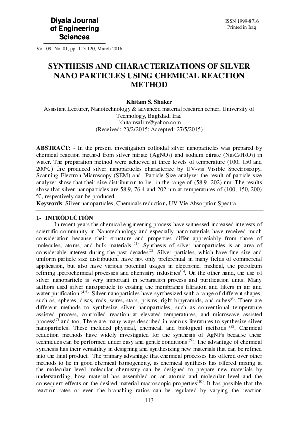(PDF) SYNTHESIS AND CHARACTERIZATIONS OF SILVER NANO PARTICLES USING ...