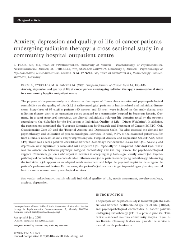 (PDF) Anxiety, depression and quality of life of cancer patients ...