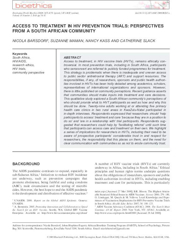(PDF) Access to Treatment in Hiv Prevention Trials: Perspectives from a ...