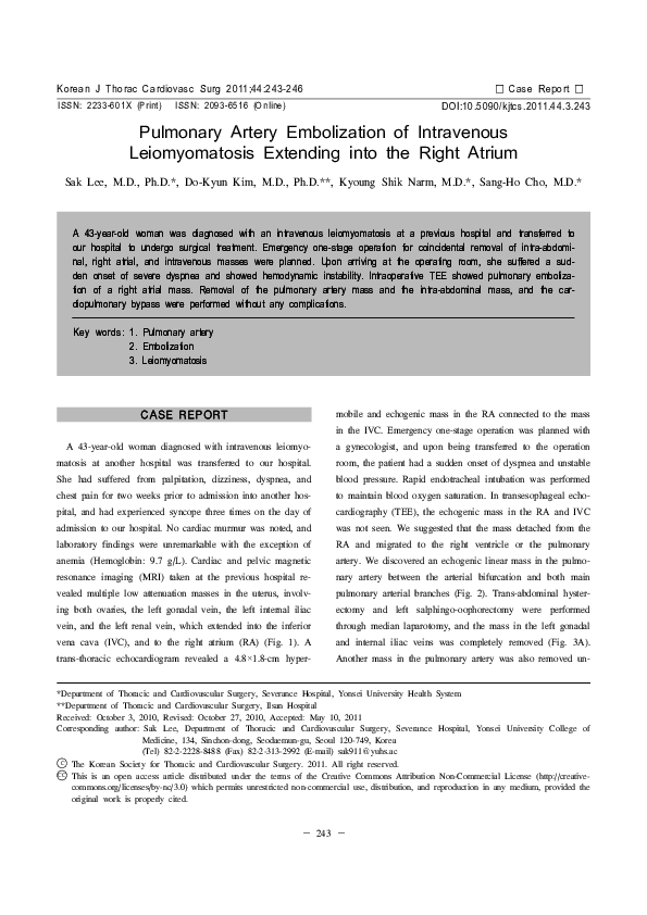 (PDF) Pulmonary artery embolization of intravenous leiomyomatosis ...