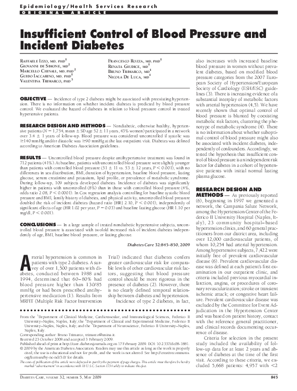 (PDF) Insufficient control of blood pressure and incident diabetes Giovanni de Simone