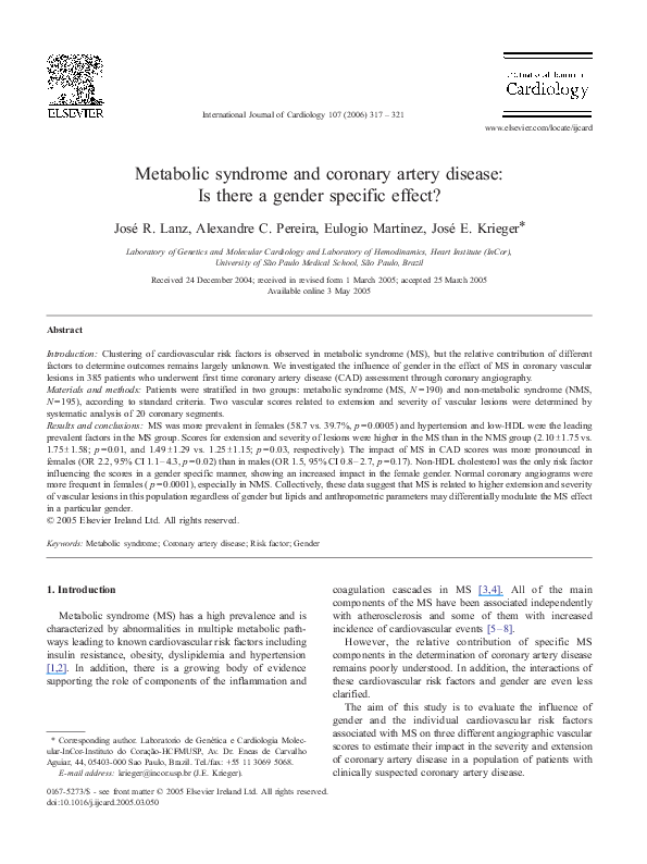 (PDF) Metabolic syndrome and coronary artery disease: Is there a gender ...