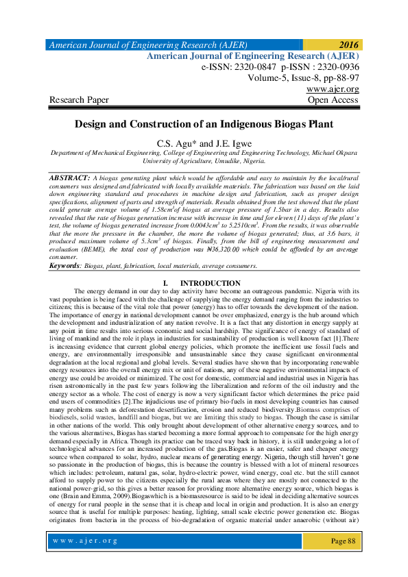 (PDF) Design and Construction of an Indigenous Biogas Plant