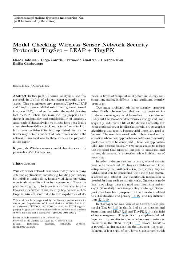 (PDF) Model Checking Wireless Sensor Network Security Protocols ...